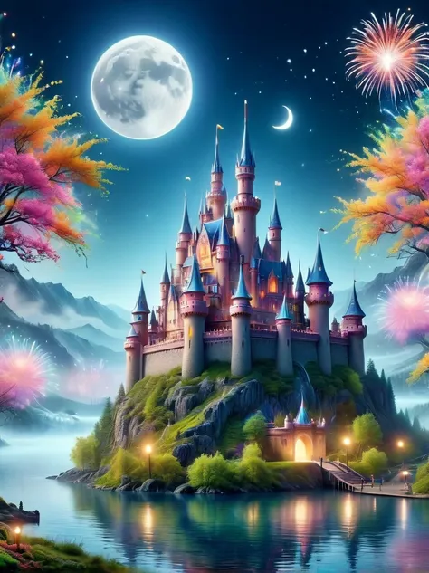 (a mysterious dream castle:1.5), night，(moon:1.5)，(bubbles)，(fireworks:1.5)，dreams，(psychedelic)，(neon light)，in dreams，a hidden...