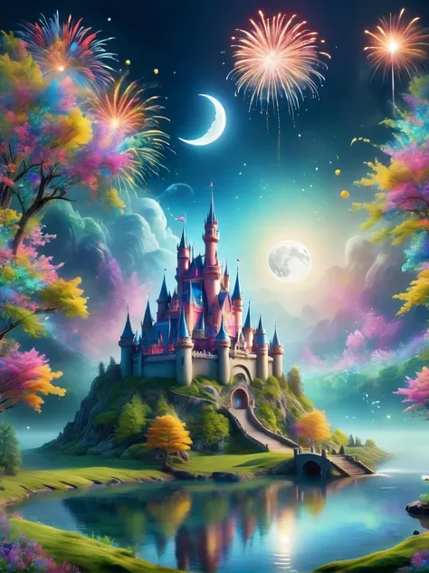 (a mysterious dream castle:1.5), night，(moon:1.5)，(bubbles)，(fireworks:1.5)，dreams，(psychedelic)，(neon light)，in dreams，a hidden...