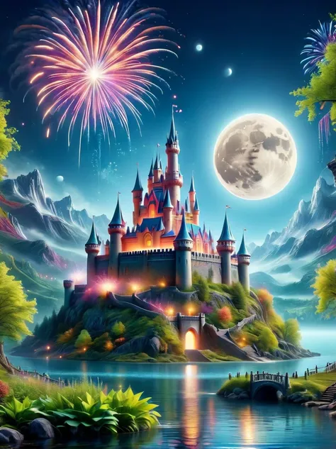 (a mysterious dream castle:1.5), night，(moon:1.5)，(bubbles)，(fireworks:1.5)，dreams，(psychedelic)，(neon light)，in dreams，a hidden...