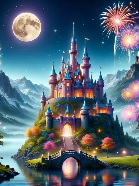 (a mysterious dream castle:1.5), night，(moon:1.5)，(bubbles)，(fireworks:1.5)，dreams，(psychedelic)，(neon light)，in dreams，a hidden...