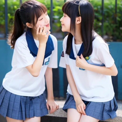 Two Japanese elementary school girls in short sleeves and shorts are kissing with their eyes closed