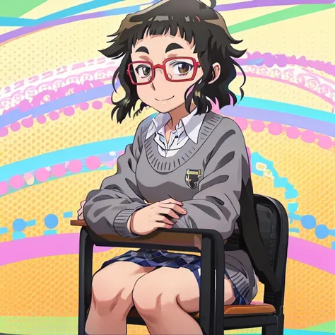 1 girl, glasses, school sweater, masterpiece, best small breasts,smile,school classroom, sitting,on desk,plaid skirt,galkoschool 