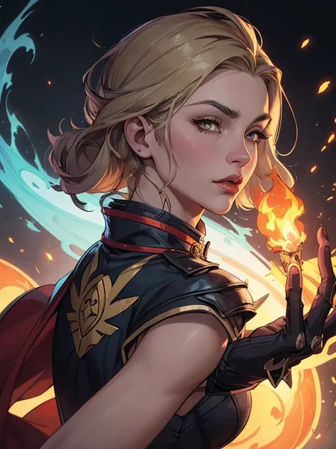 a close-up of a woman holding a fire torch in her hand, female mago, epic mago girl character, portrait of a female mago, Astri Lohne, female mago!, sorceress, Jaina Orgulhosa, fire mago, portrait of a mago, mago, arte inicial do personagem, donzela de Cri...