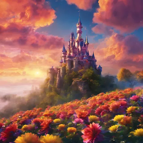 Fantasy castle in the clouds，Flowers，Super Fine，Hyperrealism，Ultra-realistic，Depth of Field，OC Renderer，Movie Lighting，very good，Ultra Detailed，complicated，Low angle view，CG art