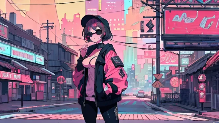 highest quality, 4k wallpaper, masterpiece, Highly detailed CG 8k wallpaper unit, Highly detailed eyes, Ultra-detailed, Intricate details, One Girl, Retro art style, Neon Art Style_pop, public, outside of home, road signs, city,skin_black, Open jacket, Put...