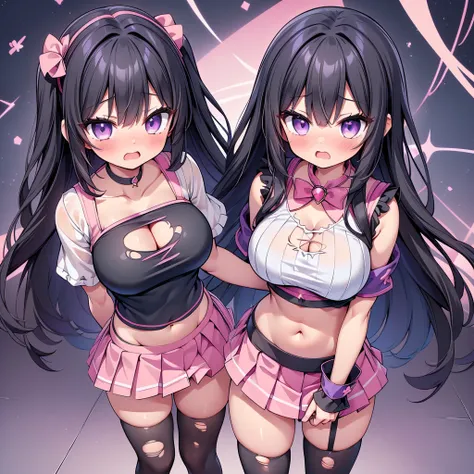 (8K、Best image quality、highest quality、masterpiece)、Detailed face、(2 girls, Black Hair, Purple Eyes, long hair)、Improve、 (magical pink girl outfit,frill mini skirt:1.2),  (skinny body), (huge breasts:1.1),  (cleavage cutout), (crop top navel), (torn clothe...