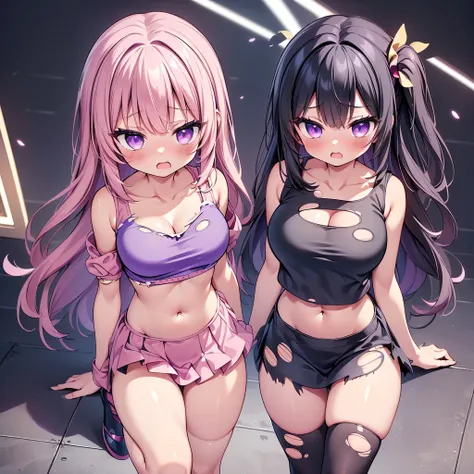 (8K、Best image quality、highest quality、masterpiece)、Detailed face、(2 girls, Black Hair, Purple Eyes, long hair)、Improve、 (magical pink girl outfit,frill mini skirt:1.2),  (skinny body), (huge breasts:1.1),  (cleavage cutout), (crop top navel), (torn clothe...