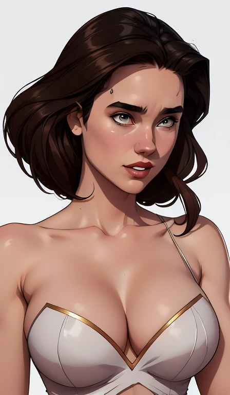 GTA character style illustration and Completely naked breasts showing a little fear Breast size Cartoon name: Isabella Cruz white background medium breasts freckled face Hermione Granger actress strong contours Physical description - long straight hair, ti...