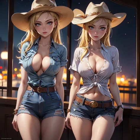 (((1 girl))),(((Cowgirl Costume))),(((Low waist denim shorts))),(((Wear a western hat))),(((wear a leather belt))),(((He is wearing short sleeves, Plaid, front tie shirt.))),(((wearing a watch))),(((Showing cleavage))),(((Exposed thin inner thighs))),(((na...