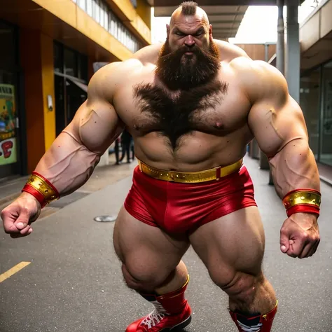 zangief,a man with a beard and a golden belt, fighting game character, street fighter 5,muscled humanoid,heavy looking,buff man,wrestler,Red short briefs,capcom,street fighter,shirtless,muscular male,chest hair,visually weighty,bearded man,mohawk hair,scar...