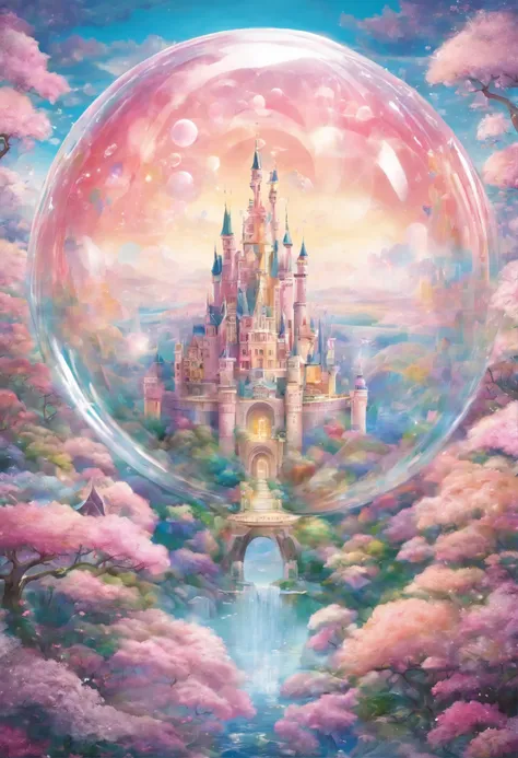 best quality, super fine, 16k, incredibly absurdres, extremely detailed, delicate and dynamic, gorgeous, magnificent, fluffy, pastel-colored dream castle reflected in a giant iridescent soap bubble