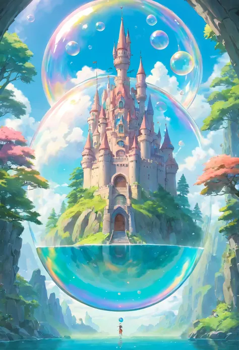 from below, best quality, super fine, 16k, incredibly absurdres, extremely detailed, delicate and dynamic, gorgeous, magnificent, fluffy, pastel-colored dream castle reflected in a giant iridescent soap bubble