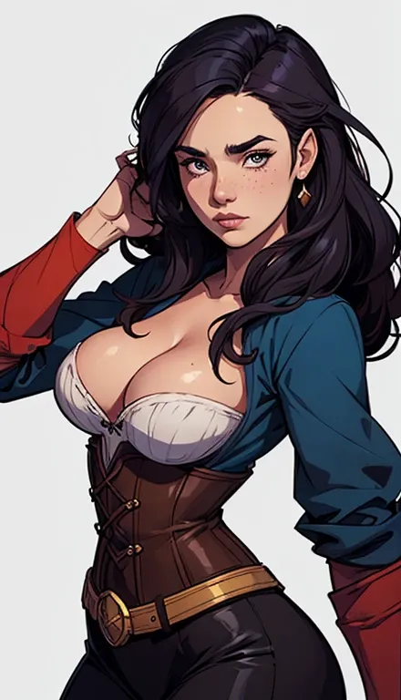 GTA character style illustration and Completely naked breasts showing a little fear Breast size Cartoon name: Isabella Cruz white background medium breasts freckled face Hermione Granger actress strong contours Physical description - long straight hair, ti...