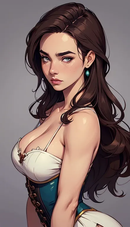 GTA character style illustration and Completely naked breasts showing a little fear Breast size Cartoon name: Isabella Cruz white background medium breasts freckled face Hermione Granger actress strong contours Physical description - long straight hair, ti...