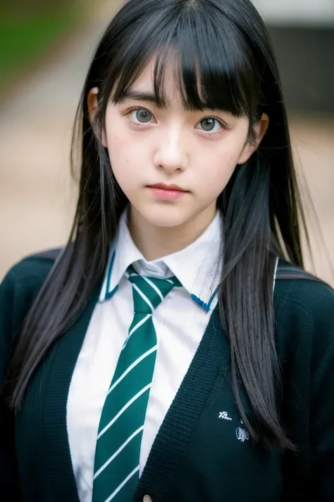 Black Hair，Long Hair，Bangs，high school girl，Deep green eyes，Slightly droopy eyes，tie，uniform，Black cardigan