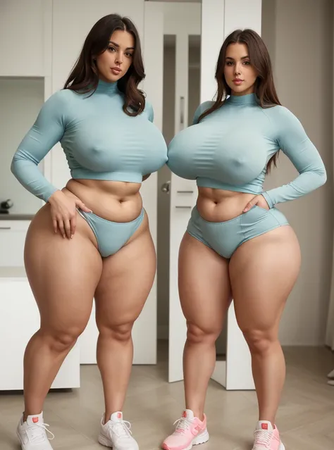 full body photograph of a beautiful woman (((Mother and daughter:1.2))), ((huge each other)), Tight shorts, long sleeve spandex shirt, and sneakers. Very detailed, matte skin, pores, 4K, natural, realistic, photograph, photorealistic. Curvy body shape, cle...