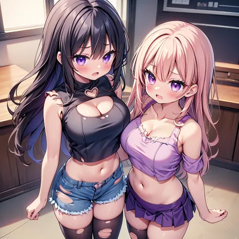 (8K、Best image quality、highest quality、masterpiece)、Detailed face、(2 girls, Black Hair, Purple Eyes, long hair,jitome)、Improve、 (magical pink girl outfit,frill mini skirt:1.2),  (skinny body), (huge breasts:1.1),  (cleavage cutout:1.6), (crop top navel:1.6...