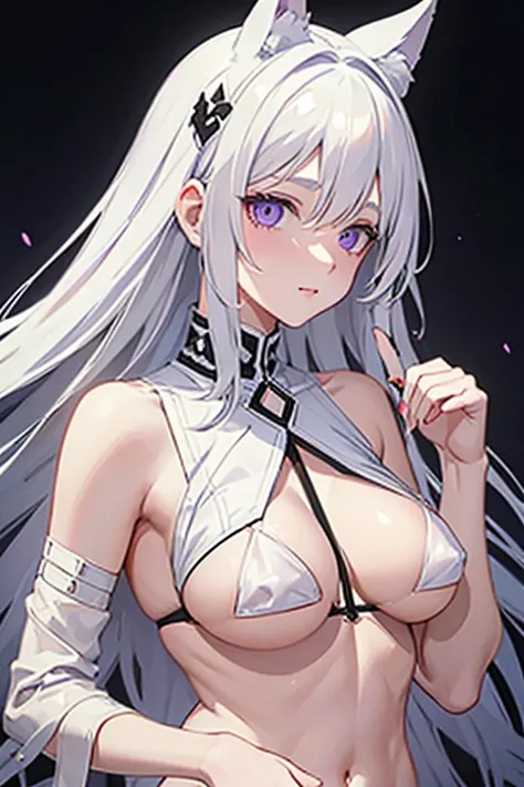 white hair,violet eyes,white dog ears,androgynous,bandaids on nipples,special occasion thong panties,anime,best quality,highly detailed,insanely detailed