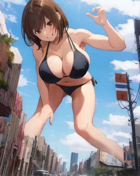 girl，Giant，Giant娘，Huge pussy，On all fours，Angle from below，Being outdoors，A huge city at your feet，周りで一番大きいのはgirl，どの建物よりもgirlが大きい，City Centre，Bigger than Bill，ビルがgirlのひざあたりまで，Brown Hair，short hair，Mischievous Smile，Big Breasts，Big Breasts，Swimwear，bikini，T...