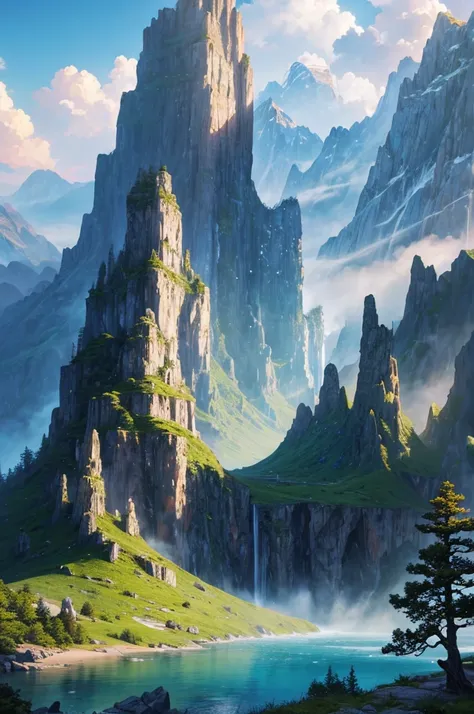 There is a waterfall and a mountain range with several trees in the foreground, Impressive fantasy landscape, an epic scenery, Fantasy painting，Lovely, fantasy art landscape, most epic scenery, 4k HD Matte Digital Paintings, Epic fantasy landscapes, 4K Fin...