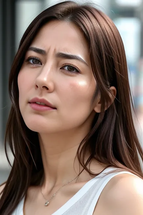 Beautiful Japanese actresses,1 girl,flying debris,,Award-winning photo, Very detailed, Keep your eyes focused, Nose and mouth,Face Focus, Extreme close up of face、 Age 35,Brown Hair、Symmetrical face,Realistic nostrils、Angle from below、Elongated C-shaped no...