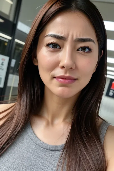 Beautiful Japanese actresses,1 girl,flying debris,,Award-winning photo, Very detailed, Keep your eyes focused, Nose and mouth,Face Focus, Extreme close up of face、 Age 35,Brown Hair、Symmetrical face,Realistic nostrils、Angle from below、Elongated C-shaped no...