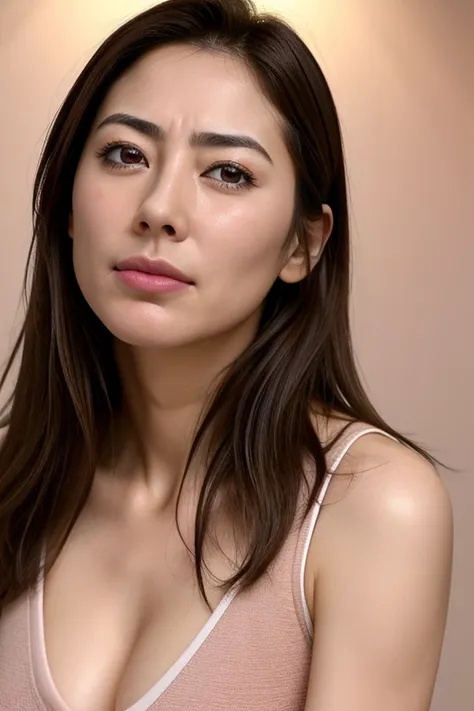 Beautiful Japanese actresses,1 girl,flying debris,,Award-winning photo, Very detailed, Keep your eyes focused, Nose and mouth,Face Focus, Extreme close up of face、 Age 35,Brown Hair、Symmetrical face,Realistic nostrils、Angle from below、Elongated C-shaped no...