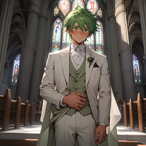 (masterpiece, best quality ), 1man, short green  hair, green eyes, intricate, (church) , half body, white aroyal wedding suit, vivid colors,(depth of field:1.2), blush, looking at viewer, standing in the altar, facing the front, visible pectorals, close up...