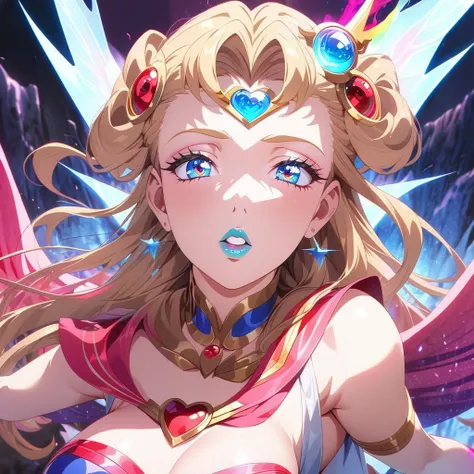 Sexy sailor moon, playful heroic poses, summons power, defeat evil monsters, vibrant colors, beautiful detailed eyes, beautiful detailed lips, extremely detailed eyes and face, long eyelashes, anime style, fantasy style, glowing magical aura, surreal light...