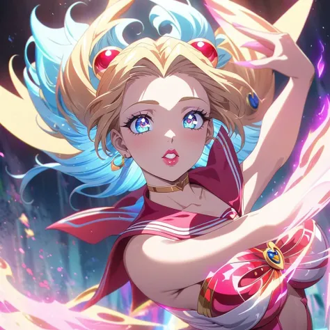 Sexy sailor moon, playful heroic poses, summons power, defeat evil monsters, vibrant colors, beautiful detailed eyes, beautiful detailed lips, extremely detailed eyes and face, long eyelashes, anime style, fantasy style, glowing magical aura, surreal light...