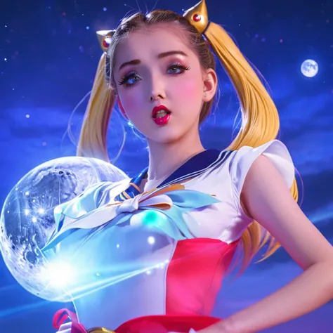 Sexy sailor moon, playful heroic poses, summons power, defeat evil monsters, vibrant colors, beautiful detailed eyes, beautiful detailed lips, extremely detailed eyes and face, long eyelashes, anime style, fantasy style, glowing magical aura, surreal light...