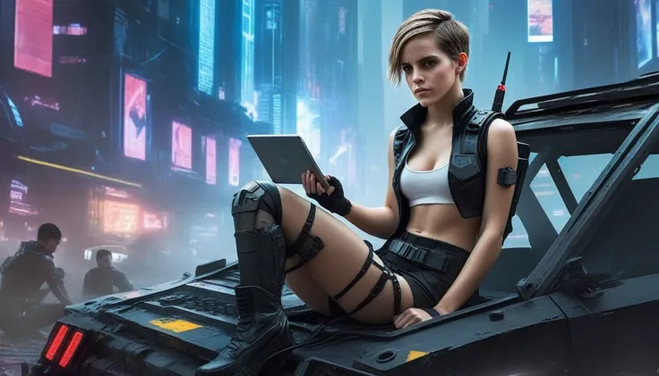 a young female hacker sitting on the hood of a wrecked apc in a cyberpunk metropolis facing the viewer, right arm resting on her...