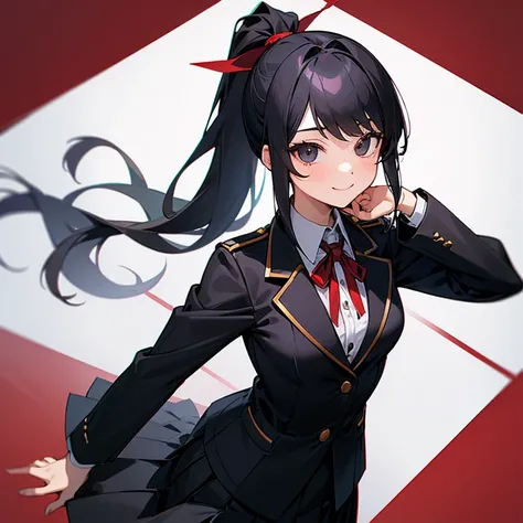 1 Girl, high school student, Black Eyes, , Black Blazer Uniform, Double-breasted, Black pleated semi-long skirt, Red ribbon, Black Hair, ponytail, cute, beautiful, looking at the camera, smile, Small breasts, main character, Student Council President