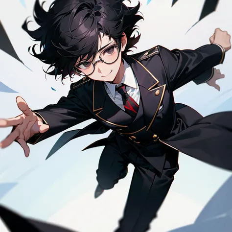 1 Boy, high school student, Black Eyes, Black glasses, , Black Blazer Uniform, Double-breasted, Black trousers, Red tie, Black Hair, Short Hair, Fluffy feeling hair, looking at the camera, smile, Student Council President