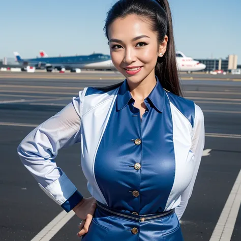 (Thai woman),(highponytail),(forehead),(Flight attendant uniforms:1.5),(enormous breasts:1.6),(slim waist:1.3),(smile:1.5),(aircraft runway in the background:1.5), (cowboy shot:1.4),8k, UHD,