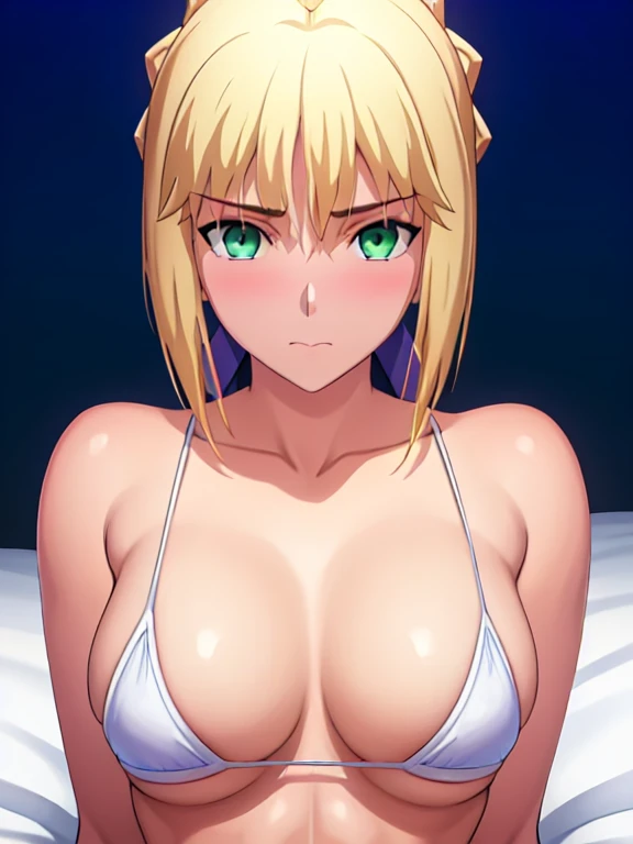 Best_quality, masterpiece, highres, detailed, detailed_background, ray_tracing_graphic, solo, adult_female, {saber_fatestaynightufotable:1.15}, blonde_hair, French_bread, little_ahoge, detailed_green_eyes, blue_ribbon, 1girl, anime_coloring, detailed_face,...