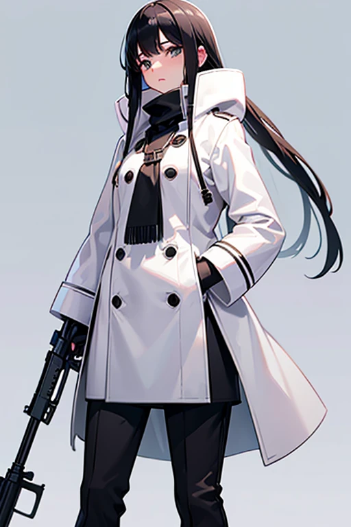 Girl, white, black hair, cute, flat chest, M36 green wool tunic, white open coat, grey trousers, black knee high boots, holding Kar98k rifle, snow background.