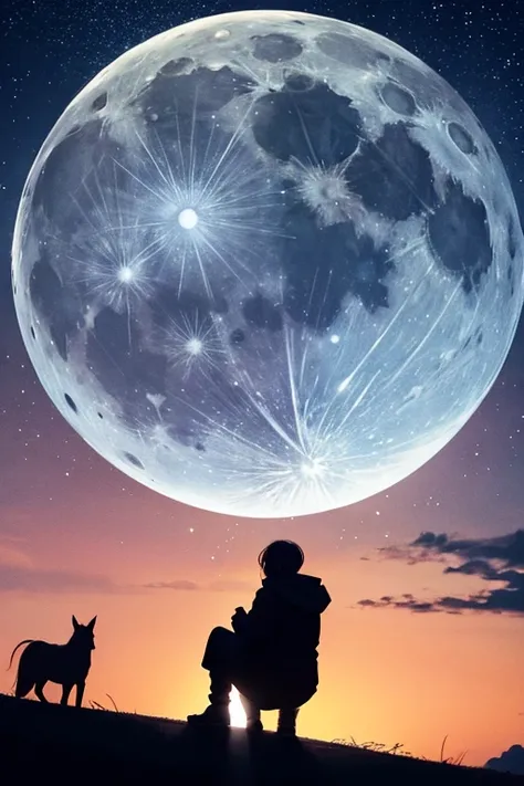 highest quality,Big moon and shadow,A silhouette of a person can be seen against the backdrop of a large moon.,There is one full moon,There is a mood,Beautiful scenery,Starry Sky