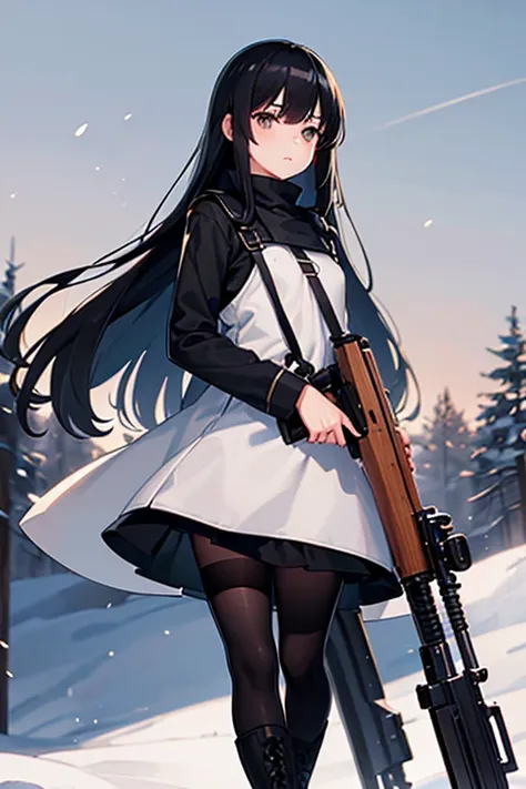 Girl, white, black hair, cute, flat chest, M36 green wool tunic, grey tights, black knee high boots, holding Kar98k wood rifle, snow background.