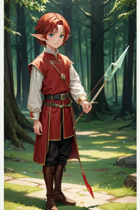 5 year old elf boy with short red hair, peinado desorenado corto con un fleco, pointed elf ears medieval archer clothing blue eyes green color holding a brown bow with a jade-tipped arrow brown shoes brown leather belt jade ornaments in forest background w...