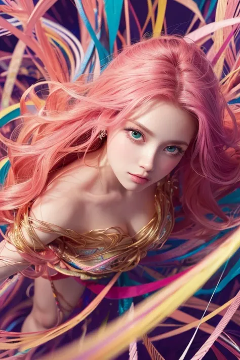 ((masterpiece:1.2, highest quality)), Super detailed, Ultra-precise depiction, Ultra-detailed depiction, (Tangled:1.2), (Dynamic pose), (Abstract background:1.5), Wavy long hair, Pink Hair, One girl, colorful, Portraiture, (From above:1.2)