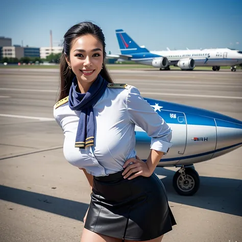 (thai woman),(highponytail),(forehead),(flight attendant uniforms:1.5),(short skirt),(scarf),(enormous breasts:1.6),(slim waist:...