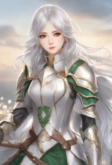 （8k，best quality，Anime style）Silver-haired female knight，Emerald pupils，Exquisite facial features，Style similar to anime characters，Full body portrait，Pure white background，role conception，Second Dimension，Contains a small amount of introductory text，Three...