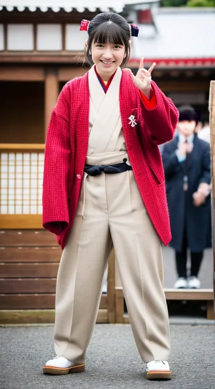 "High quality, full-body image of an 18-year-old girl at a traditional Japanese festival. She is wearing a very short happi coat, open to reveal a sarashi underneath, paired with a rokushaku fundoshi. She is striking a dynamic pose, capturing the festive a...