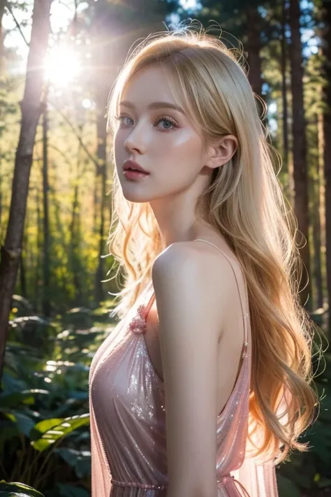 (8k), (masterpiece), (best quality), (super details), (award winning), (realistic), lens flare, there is a woman in a pink dress standing in the woods, (photography), modeling shoot, (beautiful girl), gorgeous young model, slender blonde girl, fashion phot...