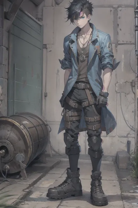 17 year old male、blue eyeasterpiece、Mohawk、Black Hair、Very Short Hair、Expressionless、Full Body Shot、tall、Left hand is prosthetic、Background is the underworld、Baggy、Grey V-neck shirt、highest quality、Beautiful Eyeuscular、steampunk