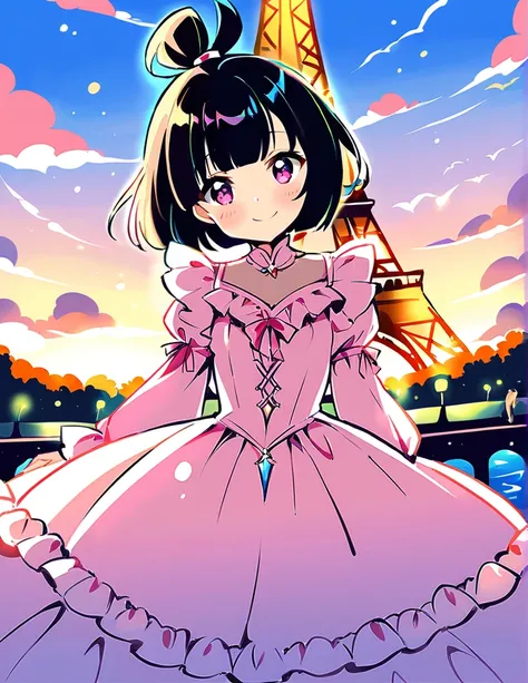 dynamic angle, absurdres, best quality, masterpiece,
BREAK
(petite), (pink detailed princess dress with many frills:1.3), frilly long sleeves, pink eyes, beautiful black hair, (topknot), blunt bangs, smile,
BREAK
The travel memories photo captures the prin...