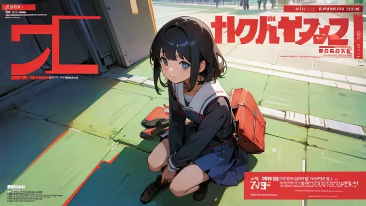 Anime girl sitting on the ground, Low Perspective, Magazine Cover