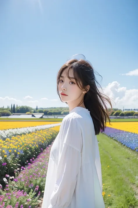 1girl, Blue skies, flower fields as far as the eye can see, white clothes