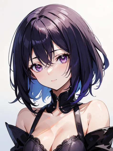 Anime-style portrait of a girl with a deep violet bob cut making eye contact with the camera, bright eyes, subtle smile, minimalistic background to emphasize character, high contrast, clean lines, digital painting, vivid colors, The girl wears her hair in ...